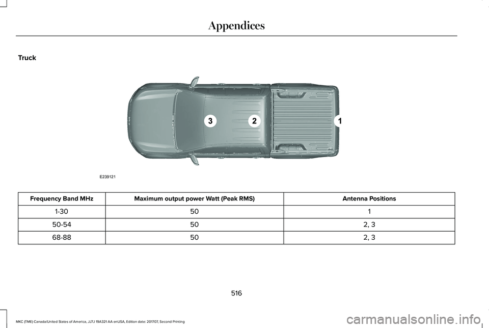 LINCOLN MKC 2018  Owners Manual Truck
Antenna PositionsMaximum output power Watt (Peak RMS)Frequency Band MHz
1501-30
2, 35050-54
2, 35068-88
516
MKC (TME) Canada/United States of America, JJ7J 19A321 AA enUSA, Edition date: 201707,
