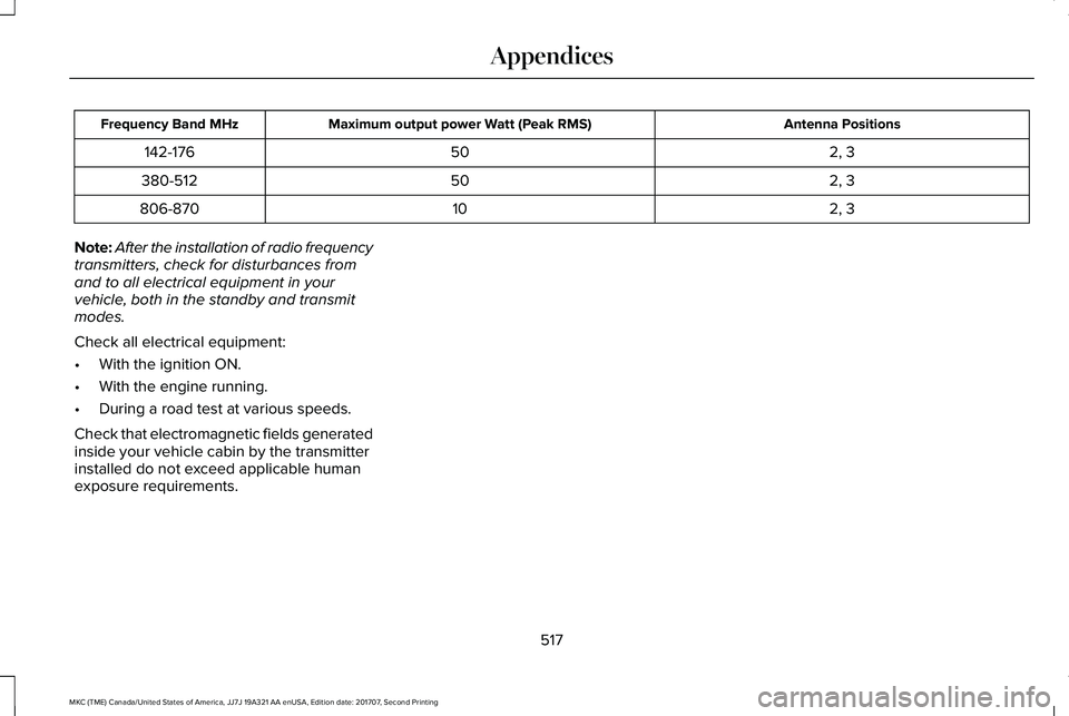LINCOLN MKC 2018  Owners Manual Antenna PositionsMaximum output power Watt (Peak RMS)Frequency Band MHz
2, 350142-176
2, 350380-512
2, 310806-870
Note:After the installation of radio frequencytransmitters, check for disturbances fro