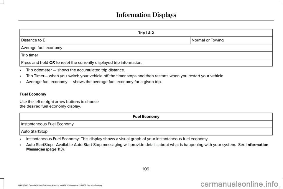 LINCOLN MKC 2019 Owners Manual Trip 1 & 2
Normal or TowingDistance to E
Average fuel economy
Trip timer
Press and hold OK to reset the currently displayed trip information.
•Trip odometer — shows the accumulated trip distance.
LINCOLN MKC 2019 Owners Manual Trip 1 & 2
Normal or TowingDistance to E
Average fuel economy
Trip timer
Press and hold OK to reset the currently displayed trip information.
•Trip odometer — shows the accumulated trip distance.