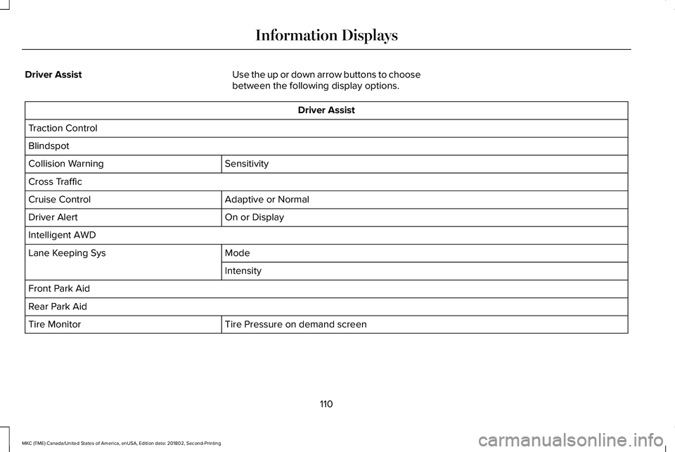 LINCOLN MKC 2019 Owners Manual Driver AssistUse the up or down arrow buttons to choosebetween the following display options.
Driver Assist
Traction Control
Blindspot
SensitivityCollision Warning
Cross Traffic
Adaptive or NormalCrui LINCOLN MKC 2019 Owners Manual Driver AssistUse the up or down arrow buttons to choosebetween the following display options.
Driver Assist
Traction Control
Blindspot
SensitivityCollision Warning
Cross Traffic
Adaptive or NormalCrui
