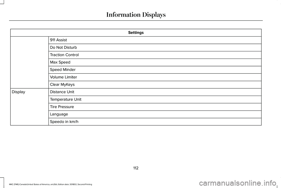 LINCOLN MKC 2019 Owners Manual Settings
911 Assist
Do Not Disturb
Traction Control
Max Speed
Speed Minder
Volume Limiter
Clear MyKeys
Distance UnitDisplay
Temperature Unit
Tire Pressure
Language
Speedo in km/h
112
MKC (TME) Canada/ LINCOLN MKC 2019 Owners Manual Settings
911 Assist
Do Not Disturb
Traction Control
Max Speed
Speed Minder
Volume Limiter
Clear MyKeys
Distance UnitDisplay
Temperature Unit
Tire Pressure
Language
Speedo in km/h
112
MKC (TME) Canada/