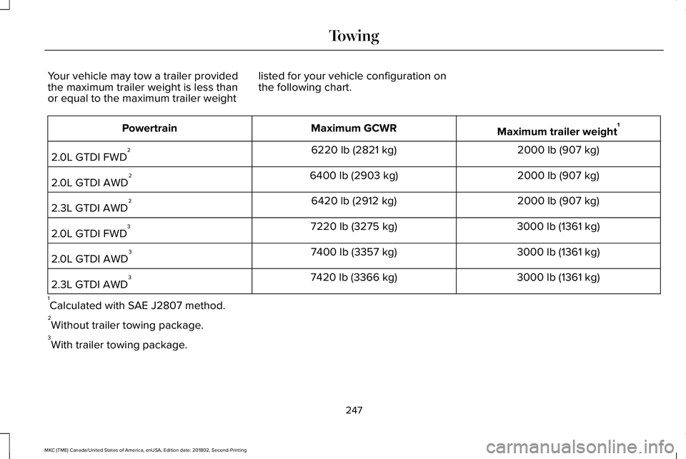 LINCOLN MKC 2019 Owners Manual Your vehicle may tow a trailer providedthe maximum trailer weight is less thanor equal to the maximum trailer weight
listed for your vehicle configuration onthe following chart.
Maximum trailer weight LINCOLN MKC 2019 Owners Manual Your vehicle may tow a trailer providedthe maximum trailer weight is less thanor equal to the maximum trailer weight
listed for your vehicle configuration onthe following chart.
Maximum trailer weight