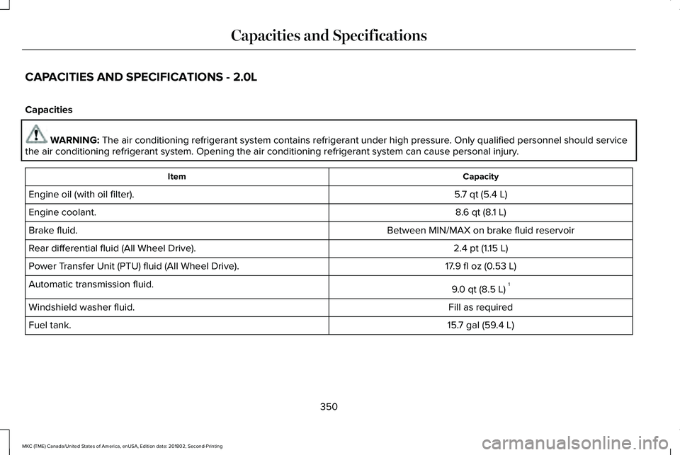 LINCOLN MKC 2019 Owners Manual CAPACITIES AND SPECIFICATIONS - 2.0L
Capacities
WARNING: The air conditioning refrigerant system contains refrigerant under high pressure. Only qualified personnel should servicethe air conditioning r LINCOLN MKC 2019 Owners Manual CAPACITIES AND SPECIFICATIONS - 2.0L
Capacities
WARNING: The air conditioning refrigerant system contains refrigerant under high pressure. Only qualified personnel should servicethe air conditioning r