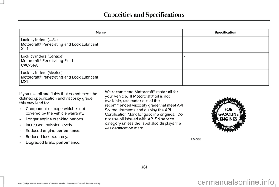 LINCOLN MKC 2019 Owners Manual SpecificationName
-Lock cylinders (U.S.):Motorcraft® Penetrating and Lock LubricantXL-1
-Lock cylinders (Canada):Motorcraft® Penetrating FluidCXC-51-A
-Lock cylinders (Mexico):Motorcraft® Penetrati LINCOLN MKC 2019 Owners Manual SpecificationName
-Lock cylinders (U.S.):Motorcraft® Penetrating and Lock LubricantXL-1
-Lock cylinders (Canada):Motorcraft® Penetrating FluidCXC-51-A
-Lock cylinders (Mexico):Motorcraft® Penetrati