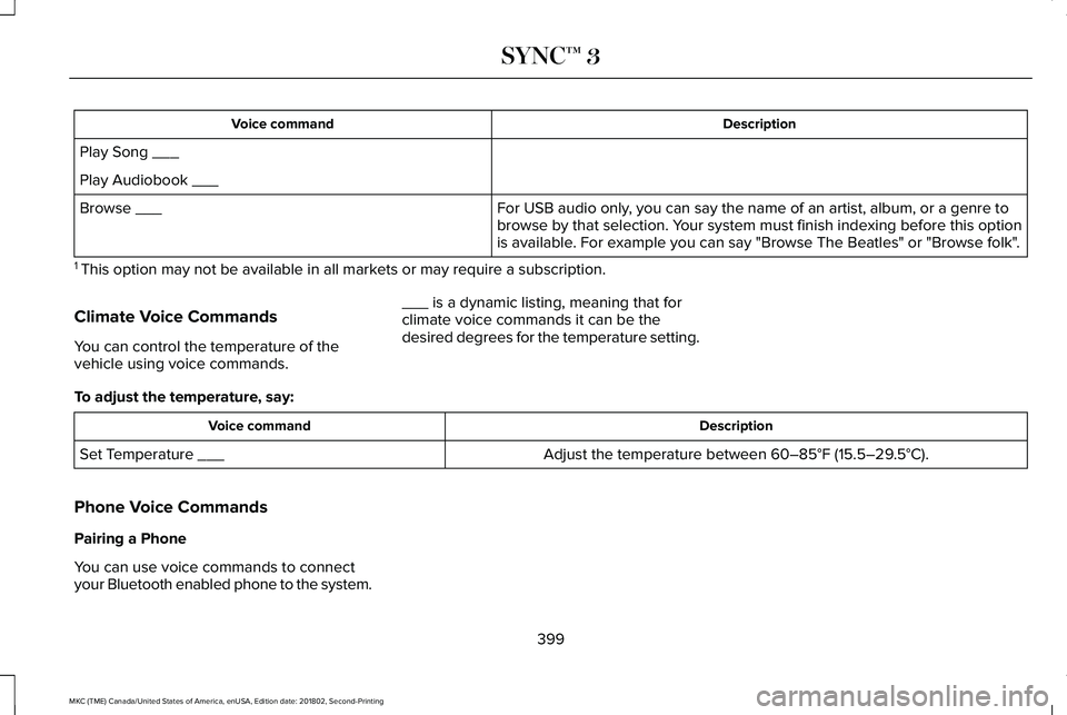 LINCOLN MKC 2019 Owners Manual DescriptionVoice command
Play Song ___
Play Audiobook ___
For USB audio only, you can say the name of an artist, album, or a genre tobrowse by that selection. Your system must finish indexing before t LINCOLN MKC 2019 Owners Manual DescriptionVoice command
Play Song ___
Play Audiobook ___
For USB audio only, you can say the name of an artist, album, or a genre tobrowse by that selection. Your system must finish indexing before t