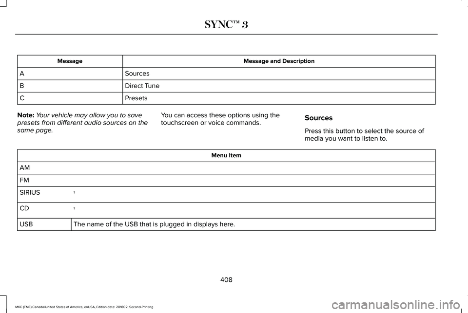 LINCOLN MKC 2019 Owners Manual Message and DescriptionMessage
SourcesA
Direct TuneB
PresetsC
Note:Your vehicle may allow you to savepresets from different audio sources on thesame page.
You can access these options using thetouchsc LINCOLN MKC 2019 Owners Manual Message and DescriptionMessage
SourcesA
Direct TuneB
PresetsC
Note:Your vehicle may allow you to savepresets from different audio sources on thesame page.
You can access these options using thetouchsc