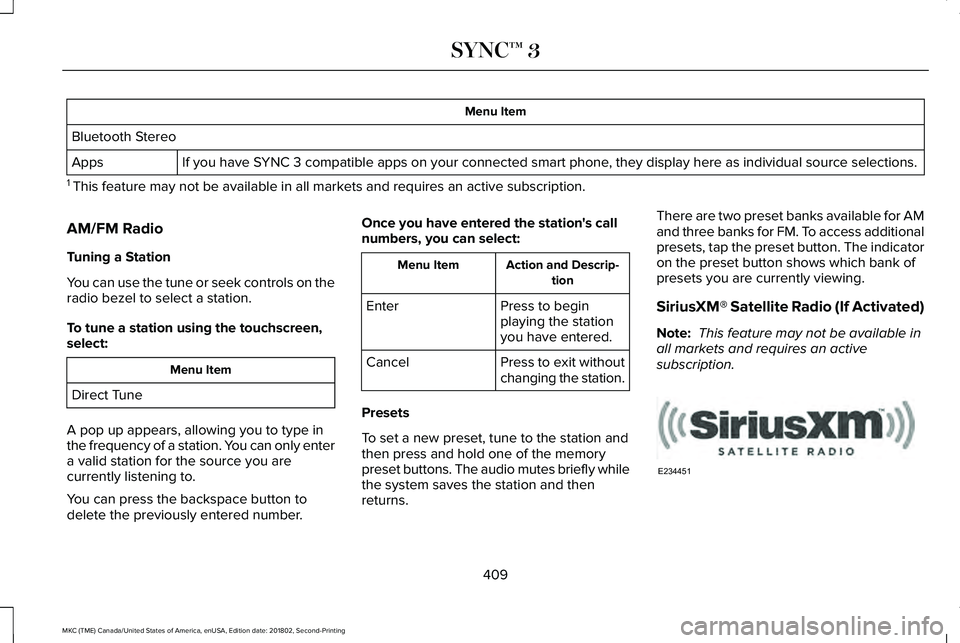 LINCOLN MKC 2019  Owners Manual Menu Item
Bluetooth Stereo
If you have SYNC 3 compatible apps on your connected smart phone, they display here as individual source selections.Apps
1 This feature may not be available in all markets a