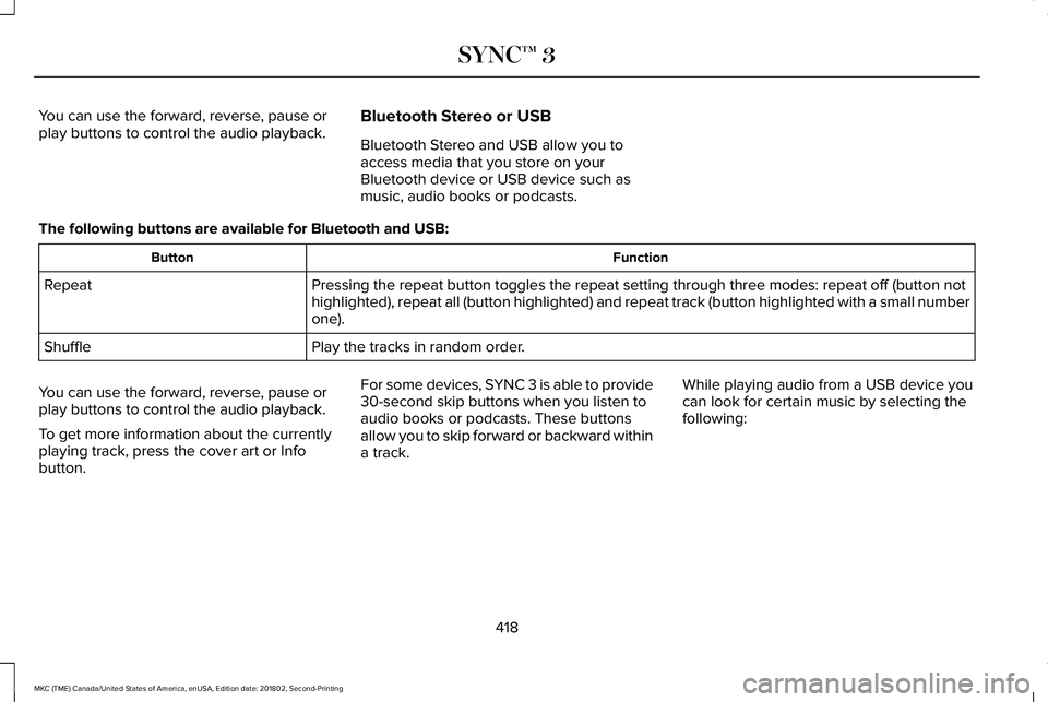 LINCOLN MKC 2019 Owners Manual You can use the forward, reverse, pause orplay buttons to control the audio playback.Bluetooth Stereo or USB
Bluetooth Stereo and USB allow you toaccess media that you store on yourBluetooth device or LINCOLN MKC 2019 Owners Manual You can use the forward, reverse, pause orplay buttons to control the audio playback.Bluetooth Stereo or USB
Bluetooth Stereo and USB allow you toaccess media that you store on yourBluetooth device or