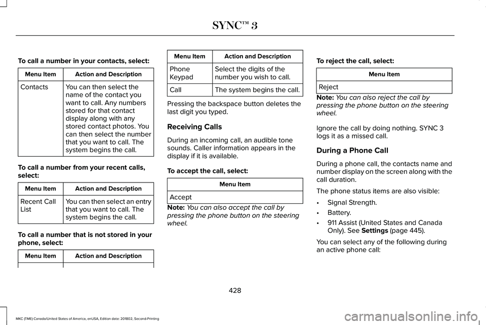LINCOLN MKC 2019 Owners Manual To call a number in your contacts, select:
Action and DescriptionMenu Item
You can then select thename of the contact youwant to call. Any numbersstored for that contactdisplay along with anystored co LINCOLN MKC 2019 Owners Manual To call a number in your contacts, select:
Action and DescriptionMenu Item
You can then select thename of the contact youwant to call. Any numbersstored for that contactdisplay along with anystored co