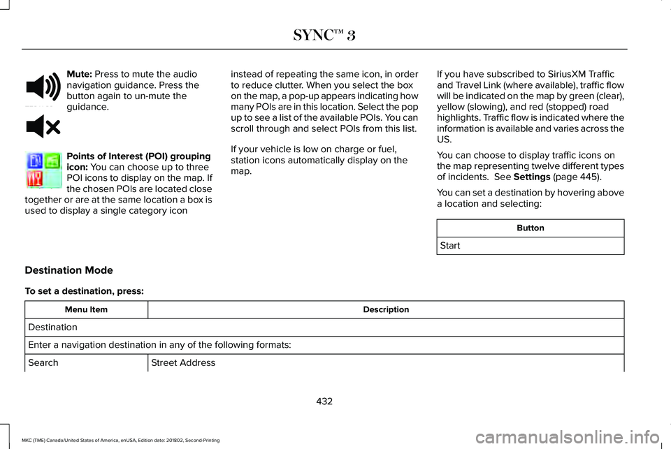 LINCOLN MKC 2019 Owners Manual Mute: Press to mute the audionavigation guidance. Press thebutton again to un-mute theguidance.
Points of Interest (POI) groupingicon: You can choose up to threePOI icons to display on the map. Ifthe LINCOLN MKC 2019 Owners Manual Mute: Press to mute the audionavigation guidance. Press thebutton again to un-mute theguidance.
Points of Interest (POI) groupingicon: You can choose up to threePOI icons to display on the map. Ifthe