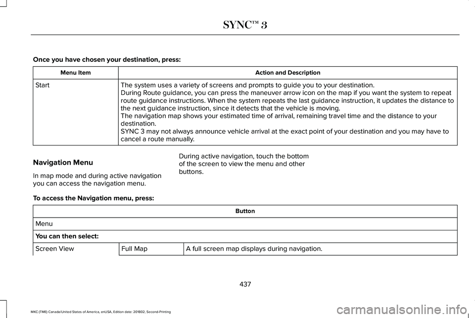 LINCOLN MKC 2019 Owners Manual Once you have chosen your destination, press:
Action and DescriptionMenu Item
The system uses a variety of screens and prompts to guide you to your destination.StartDuring Route guidance, you can pres LINCOLN MKC 2019 Owners Manual Once you have chosen your destination, press:
Action and DescriptionMenu Item
The system uses a variety of screens and prompts to guide you to your destination.StartDuring Route guidance, you can pres