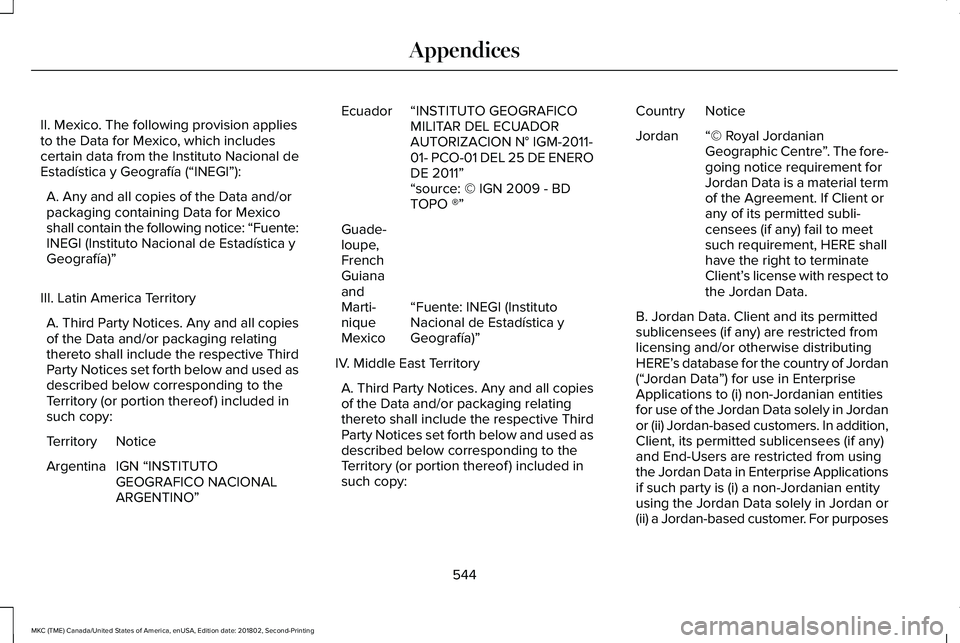 LINCOLN MKC 2019 Owners Manual II. Mexico. The following provision appliesto the Data for Mexico, which includescertain data from the Instituto Nacional deEstadística y Geografía (“INEGI”):
A. Any and all copies of the Data a LINCOLN MKC 2019 Owners Manual II. Mexico. The following provision appliesto the Data for Mexico, which includescertain data from the Instituto Nacional deEstadística y Geografía (“INEGI”):
A. Any and all copies of the Data a