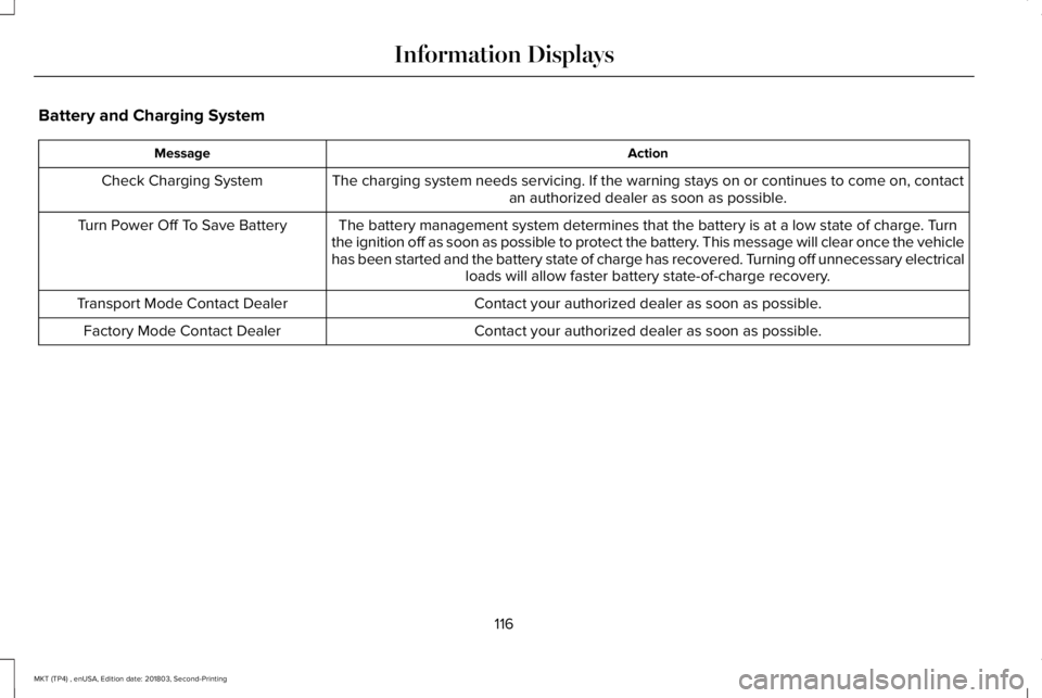 LINCOLN MKT 2019  Owners Manual Battery and Charging System
ActionMessage
The charging system needs servicing. If the warning stays on or continues to come on, contactan authorized dealer as soon as possible.Check Charging System
Th