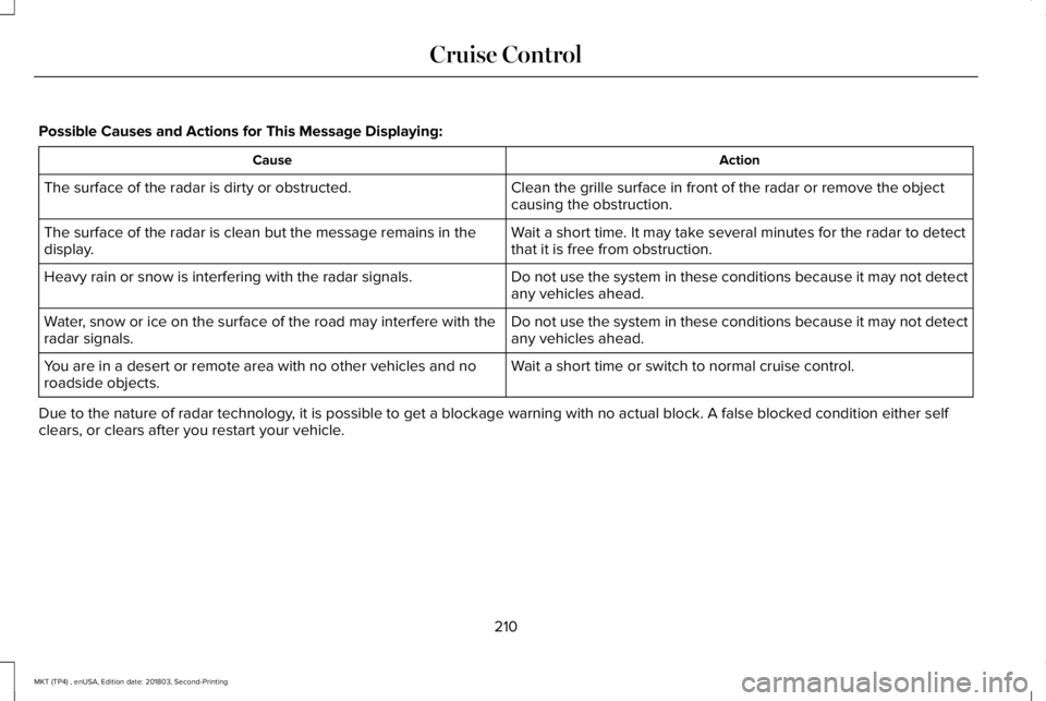 LINCOLN MKT 2019 Owners Manual Possible Causes and Actions for This Message Displaying:
ActionCause
Clean the grille surface in front of the radar or remove the objectcausing the obstruction.The surface of the radar is dirty or obs LINCOLN MKT 2019 Owners Manual Possible Causes and Actions for This Message Displaying:
ActionCause
Clean the grille surface in front of the radar or remove the objectcausing the obstruction.The surface of the radar is dirty or obs