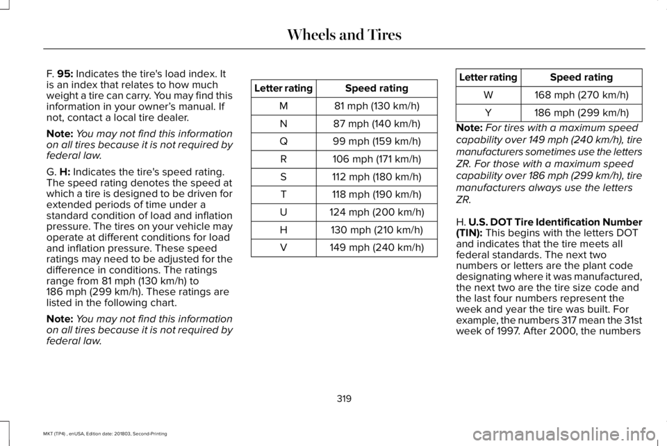 LINCOLN MKT 2019 Owners Manual F. 95: Indicates the tire's load index. Itis an index that relates to how muchweight a tire can carry. You may find thisinformation in your owner’s manual. Ifnot, contact a local tire dealer.
No LINCOLN MKT 2019 Owners Manual F. 95: Indicates the tire's load index. Itis an index that relates to how muchweight a tire can carry. You may find thisinformation in your owner’s manual. Ifnot, contact a local tire dealer.
No