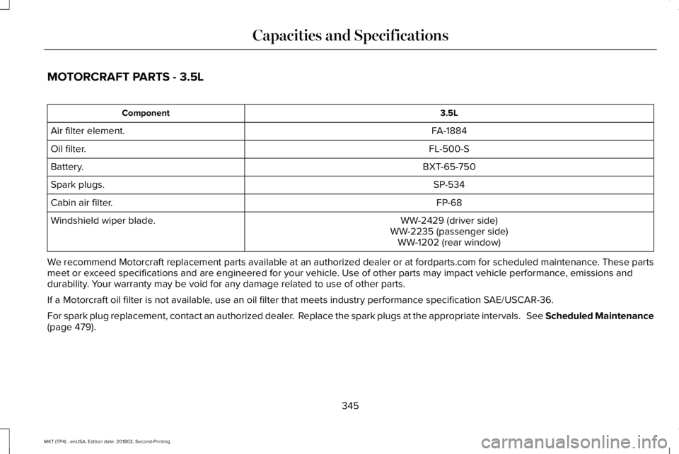 LINCOLN MKT 2019 Owners Manual MOTORCRAFT PARTS - 3.5L
3.5LComponent
FA-1884Air filter element.
FL-500-SOil filter.
BXT-65-750Battery.
SP-534Spark plugs.
FP-68Cabin air filter.
WW-2429 (driver side)Windshield wiper blade.WW-2235 (p LINCOLN MKT 2019 Owners Manual MOTORCRAFT PARTS - 3.5L
3.5LComponent
FA-1884Air filter element.
FL-500-SOil filter.
BXT-65-750Battery.
SP-534Spark plugs.
FP-68Cabin air filter.
WW-2429 (driver side)Windshield wiper blade.WW-2235 (p