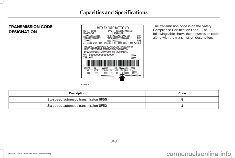 LINCOLN MKT 2019 Owners Manual TRANSMISSION CODE
DESIGNATION
The transmission code is on the SafetyCompliance Certification Label. Thefollowing table shows the transmission codealong with the transmission description.
CodeDescript LINCOLN MKT 2019 Owners Manual TRANSMISSION CODE
DESIGNATION
The transmission code is on the SafetyCompliance Certification Label. Thefollowing table shows the transmission codealong with the transmission description.
CodeDescript