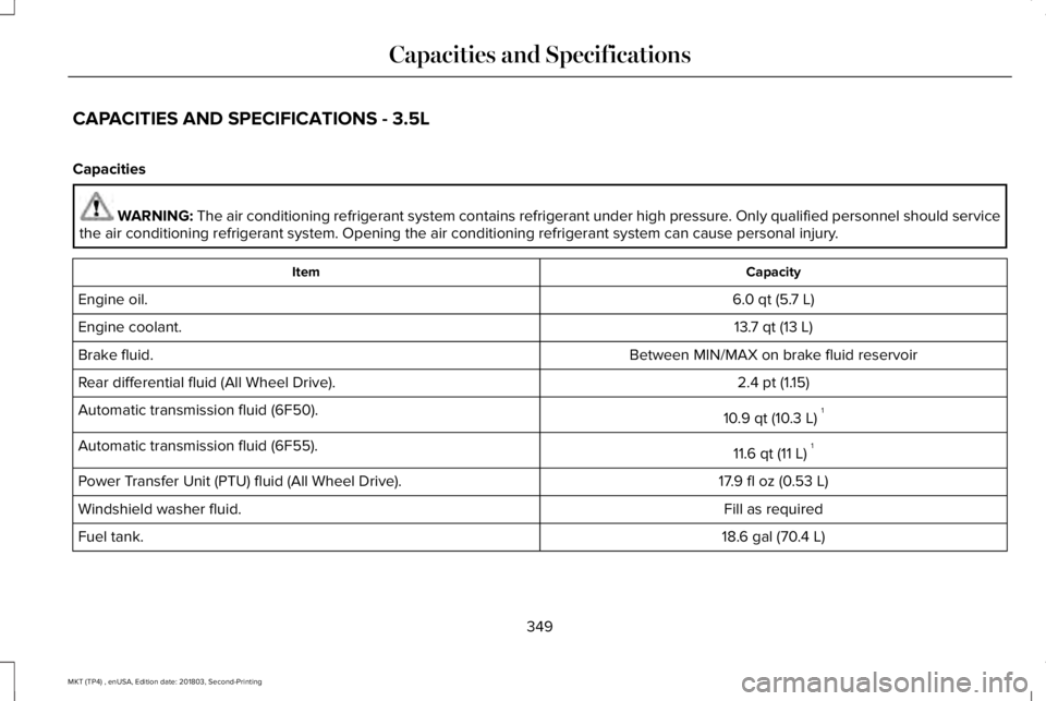 LINCOLN MKT 2019 Owners Manual CAPACITIES AND SPECIFICATIONS - 3.5L
Capacities
WARNING: The air conditioning refrigerant system contains refrigerant under high pressure. Only qualified personnel should servicethe air conditioning r LINCOLN MKT 2019 Owners Manual CAPACITIES AND SPECIFICATIONS - 3.5L
Capacities
WARNING: The air conditioning refrigerant system contains refrigerant under high pressure. Only qualified personnel should servicethe air conditioning r