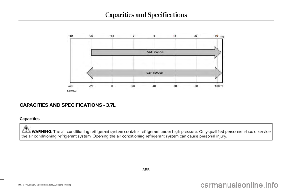 LINCOLN MKT 2019 Owners Manual CAPACITIES AND SPECIFICATIONS - 3.7L
Capacities
WARNING: The air conditioning refrigerant system contains refrigerant under high pressure. Only qualified personnel should servicethe air conditioning r LINCOLN MKT 2019 Owners Manual CAPACITIES AND SPECIFICATIONS - 3.7L
Capacities
WARNING: The air conditioning refrigerant system contains refrigerant under high pressure. Only qualified personnel should servicethe air conditioning r