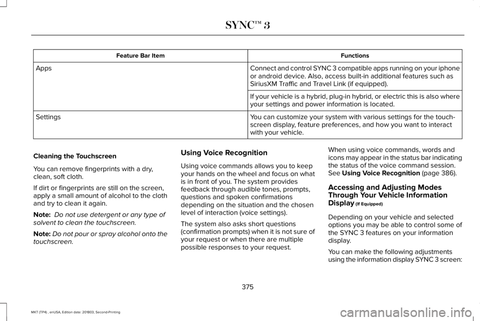 LINCOLN MKT 2019 Owners Manual FunctionsFeature Bar Item
Connect and control SYNC 3 compatible apps running on your iphoneor android device. Also, access built-in additional features such asSiriusXM Traffic and Travel Link (if equi LINCOLN MKT 2019 Owners Manual FunctionsFeature Bar Item
Connect and control SYNC 3 compatible apps running on your iphoneor android device. Also, access built-in additional features such asSiriusXM Traffic and Travel Link (if equi