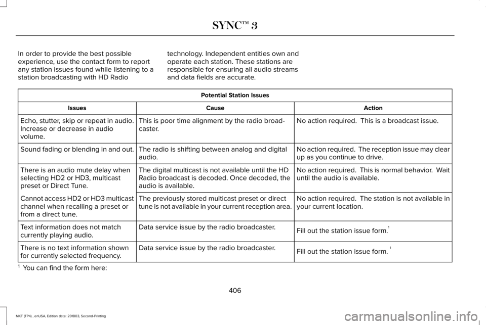 LINCOLN MKT 2019 Owners Manual In order to provide the best possibleexperience, use the contact form to reportany station issues found while listening to astation broadcasting with HD Radio
technology. Independent entities own ando LINCOLN MKT 2019 Owners Manual In order to provide the best possibleexperience, use the contact form to reportany station issues found while listening to astation broadcasting with HD Radio
technology. Independent entities own ando