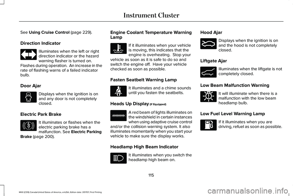 LINCOLN MKX 2018 Owners Manual See Using Cruise Control (page 229).
Direction Indicator
Illuminates when the left or rightdirection indicator or the hazardwarning flasher is turned on. Flashes during operation. An increase in ther LINCOLN MKX 2018 Owners Manual See Using Cruise Control (page 229).
Direction Indicator
Illuminates when the left or rightdirection indicator or the hazardwarning flasher is turned on. Flashes during operation. An increase in ther
