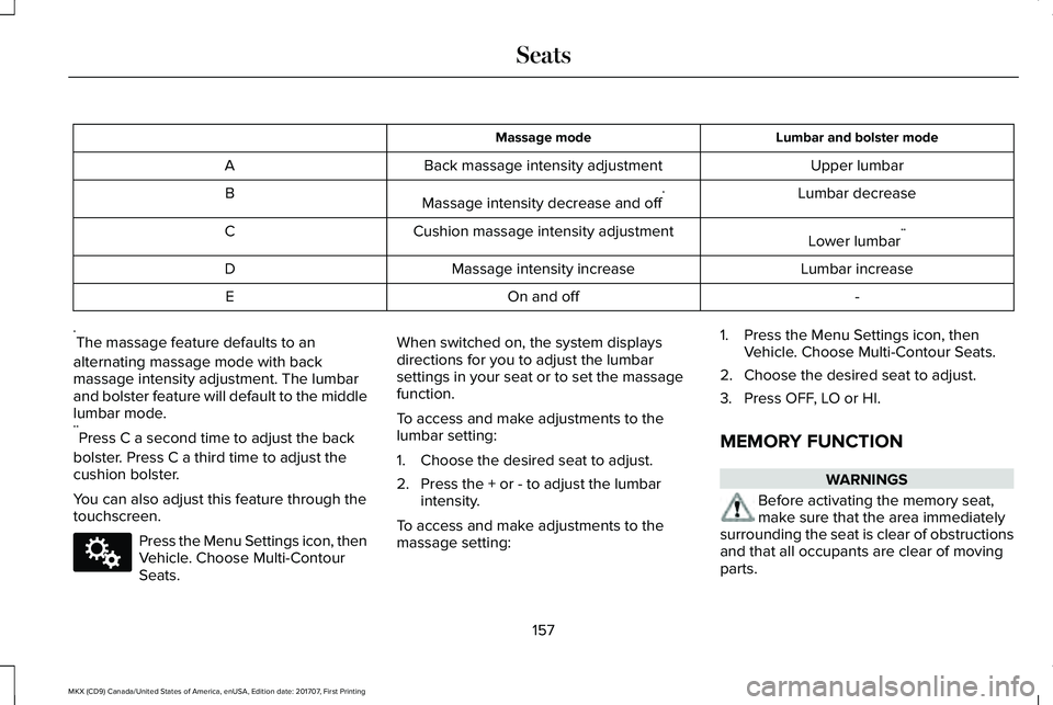 LINCOLN MKX 2018 Owners Manual Lumbar and bolster modeMassage mode
Upper lumbarBack massage intensity adjustmentA
Lumbar decreaseMassage intensity decrease and off*B
Lower lumbar**Cushion massage intensity adjustmentC
Lumbar increa LINCOLN MKX 2018 Owners Manual Lumbar and bolster modeMassage mode
Upper lumbarBack massage intensity adjustmentA
Lumbar decreaseMassage intensity decrease and off*B
Lower lumbar**Cushion massage intensity adjustmentC
Lumbar increa