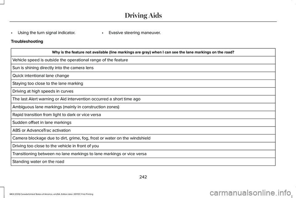 LINCOLN MKX 2018 Owners Manual •Using the turn signal indicator.•Evasive steering maneuver.
Troubleshooting
Why is the feature not available (line markings are gray) when I can see the lane markings on the road?
Vehicle speed i LINCOLN MKX 2018 Owners Manual •Using the turn signal indicator.•Evasive steering maneuver.
Troubleshooting
Why is the feature not available (line markings are gray) when I can see the lane markings on the road?
Vehicle speed i