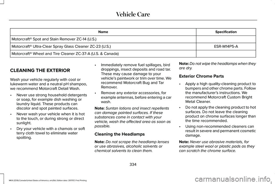 LINCOLN MKX 2018 Owners Manual SpecificationName
Motorcraft® Spot and Stain Remover ZC-14 (U.S.)
ESR-M14P5-AMotorcraft® Ultra-Clear Spray Glass Cleaner ZC-23 (U.S.)
Motorcraft® Wheel and Tire Cleaner ZC-37-A (U.S. & Canada)
CLEA LINCOLN MKX 2018 Owners Manual SpecificationName
Motorcraft® Spot and Stain Remover ZC-14 (U.S.)
ESR-M14P5-AMotorcraft® Ultra-Clear Spray Glass Cleaner ZC-23 (U.S.)
Motorcraft® Wheel and Tire Cleaner ZC-37-A (U.S. & Canada)
CLEA