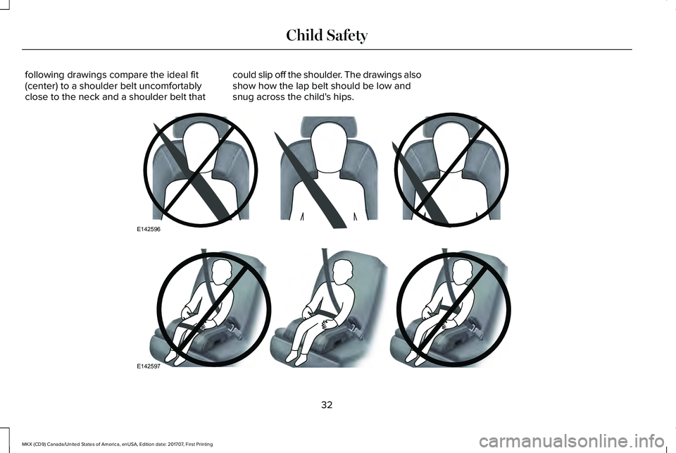 LINCOLN MKX 2018 Owners Guide following drawings compare the ideal fit(center) to a shoulder belt uncomfortablyclose to the neck and a shoulder belt that
could slip off the shoulder. The drawings alsoshow how the lap belt should b LINCOLN MKX 2018 Owners Guide following drawings compare the ideal fit(center) to a shoulder belt uncomfortablyclose to the neck and a shoulder belt that
could slip off the shoulder. The drawings alsoshow how the lap belt should b