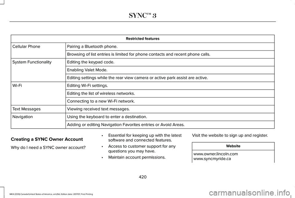 LINCOLN MKX 2018 Owners Manual Restricted features
Pairing a Bluetooth phone.Cellular Phone
Browsing of list entries is limited for phone contacts and recent phone calls.
Editing the keypad code.System Functionality
Enabling Valet LINCOLN MKX 2018 Owners Manual Restricted features
Pairing a Bluetooth phone.Cellular Phone
Browsing of list entries is limited for phone contacts and recent phone calls.
Editing the keypad code.System Functionality
Enabling Valet