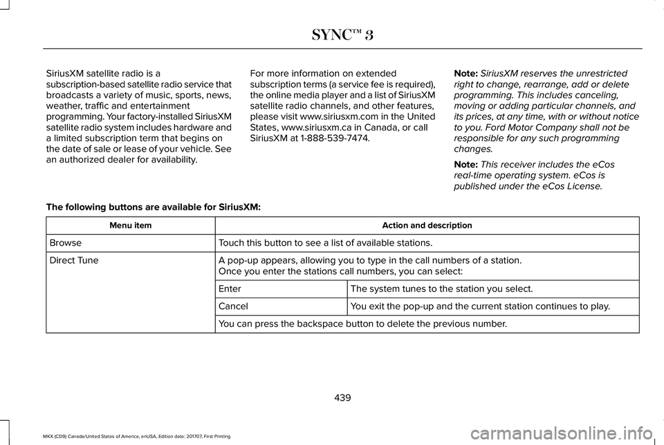LINCOLN MKX 2018 Owners Manual SiriusXM satellite radio is asubscription-based satellite radio service thatbroadcasts a variety of music, sports, news,weather, traffic and entertainmentprogramming. Your factory-installed SiriusXMsa LINCOLN MKX 2018 Owners Manual SiriusXM satellite radio is asubscription-based satellite radio service thatbroadcasts a variety of music, sports, news,weather, traffic and entertainmentprogramming. Your factory-installed SiriusXMsa