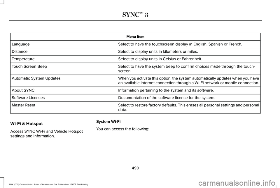 LINCOLN MKX 2018 Owners Manual Menu Item
Select to have the touchscreen display in English, Spanish or French.Language
Select to display units in kilometers or miles.Distance
Select to display units in Celsius or Fahrenheit.Tempera LINCOLN MKX 2018 Owners Manual Menu Item
Select to have the touchscreen display in English, Spanish or French.Language
Select to display units in kilometers or miles.Distance
Select to display units in Celsius or Fahrenheit.Tempera