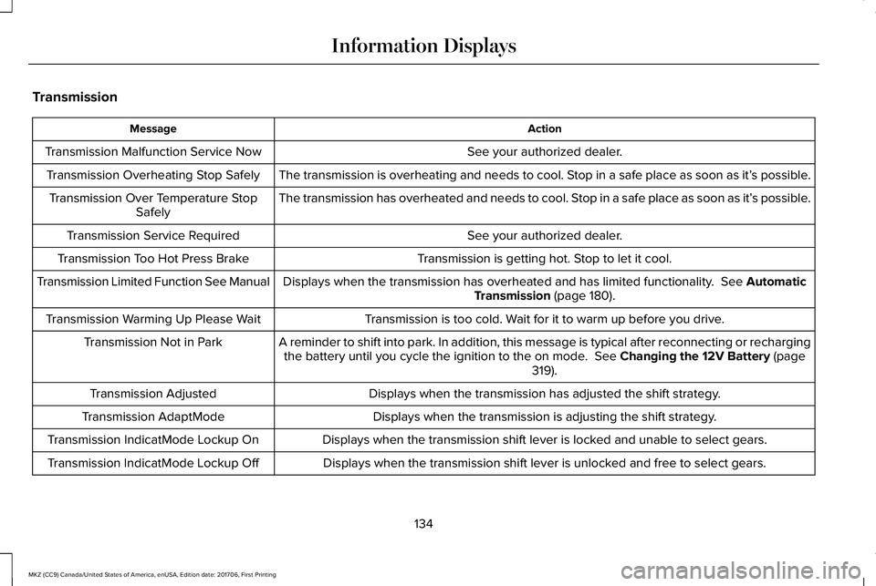 LINCOLN MKZ 2018 Owners Manual Transmission
ActionMessage
See your authorized dealer.Transmission Malfunction Service Now
The transmission is overheating and needs to cool. Stop in a safe place as soon as it’s possible.Transmissi LINCOLN MKZ 2018 Owners Manual Transmission
ActionMessage
See your authorized dealer.Transmission Malfunction Service Now
The transmission is overheating and needs to cool. Stop in a safe place as soon as it’s possible.Transmissi