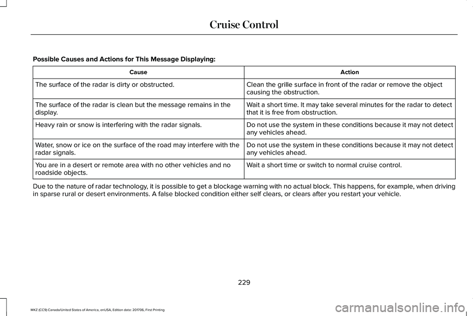 LINCOLN MKZ 2018 Owners Manual Possible Causes and Actions for This Message Displaying:
ActionCause
Clean the grille surface in front of the radar or remove the objectcausing the obstruction.The surface of the radar is dirty or obs LINCOLN MKZ 2018 Owners Manual Possible Causes and Actions for This Message Displaying:
ActionCause
Clean the grille surface in front of the radar or remove the objectcausing the obstruction.The surface of the radar is dirty or obs