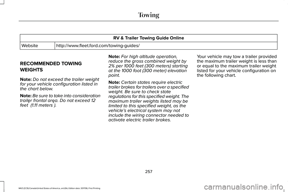 LINCOLN MKZ 2018 Service Manual RV & Trailer Towing Guide Online
http://www.fleet.ford.com/towing-guides/Website
RECOMMENDED TOWING
WEIGHTS
Note:Do not exceed the trailer weightfor your vehicle configuration listed inthe chart below LINCOLN MKZ 2018 Service Manual RV & Trailer Towing Guide Online
http://www.fleet.ford.com/towing-guides/Website
RECOMMENDED TOWING
WEIGHTS
Note:Do not exceed the trailer weightfor your vehicle configuration listed inthe chart below