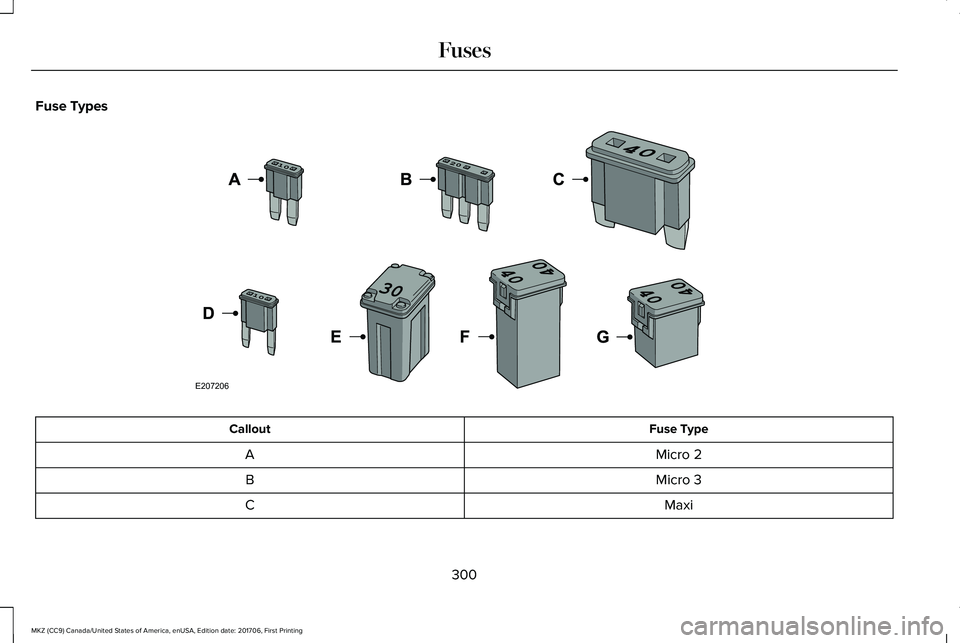 LINCOLN MKZ 2018  Owners Manual Fuse Types
Fuse TypeCallout
Micro 2A
Micro 3B
MaxiC
300
MKZ (CC9) Canada/United States of America, enUSA, Edition date: 201706, First Printing
FusesE207206  