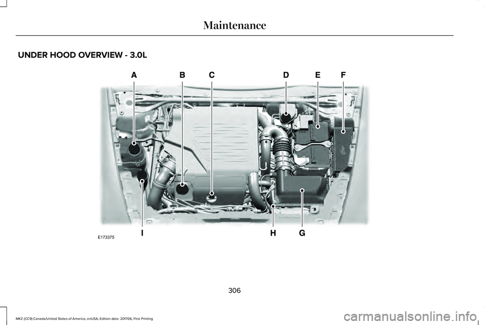 LINCOLN MKZ 2018  Owners Manual UNDER HOOD OVERVIEW - 3.0L
306
MKZ (CC9) Canada/United States of America, enUSA, Edition date: 201706, First Printing
MaintenanceE173375  