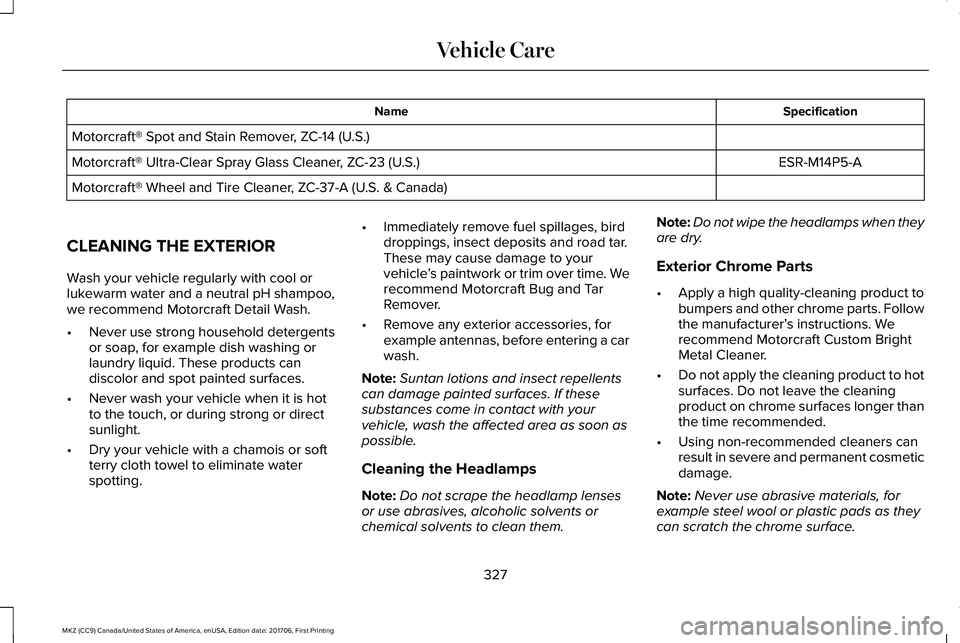 LINCOLN MKZ 2018 Owners Manual SpecificationName
Motorcraft® Spot and Stain Remover, ZC-14 (U.S.)
ESR-M14P5-AMotorcraft® Ultra-Clear Spray Glass Cleaner, ZC-23 (U.S.)
Motorcraft® Wheel and Tire Cleaner, ZC-37-A (U.S. & Canada)
C LINCOLN MKZ 2018 Owners Manual SpecificationName
Motorcraft® Spot and Stain Remover, ZC-14 (U.S.)
ESR-M14P5-AMotorcraft® Ultra-Clear Spray Glass Cleaner, ZC-23 (U.S.)
Motorcraft® Wheel and Tire Cleaner, ZC-37-A (U.S. & Canada)
C