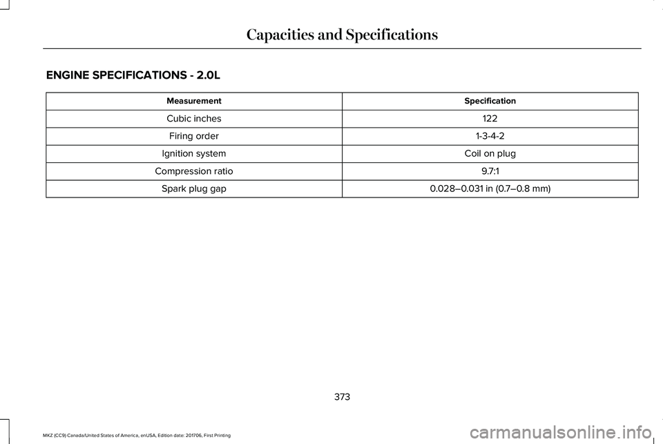 LINCOLN MKZ 2018 Owners Manual ENGINE SPECIFICATIONS - 2.0L
SpecificationMeasurement
122Cubic inches
1-3-4-2Firing order
Coil on plugIgnition system
9.7:1Compression ratio
0.028–0.031 in (0.7–0.8 mm)Spark plug gap
373
MKZ (CC9) LINCOLN MKZ 2018 Owners Manual ENGINE SPECIFICATIONS - 2.0L
SpecificationMeasurement
122Cubic inches
1-3-4-2Firing order
Coil on plugIgnition system
9.7:1Compression ratio
0.028–0.031 in (0.7–0.8 mm)Spark plug gap
373
MKZ (CC9)