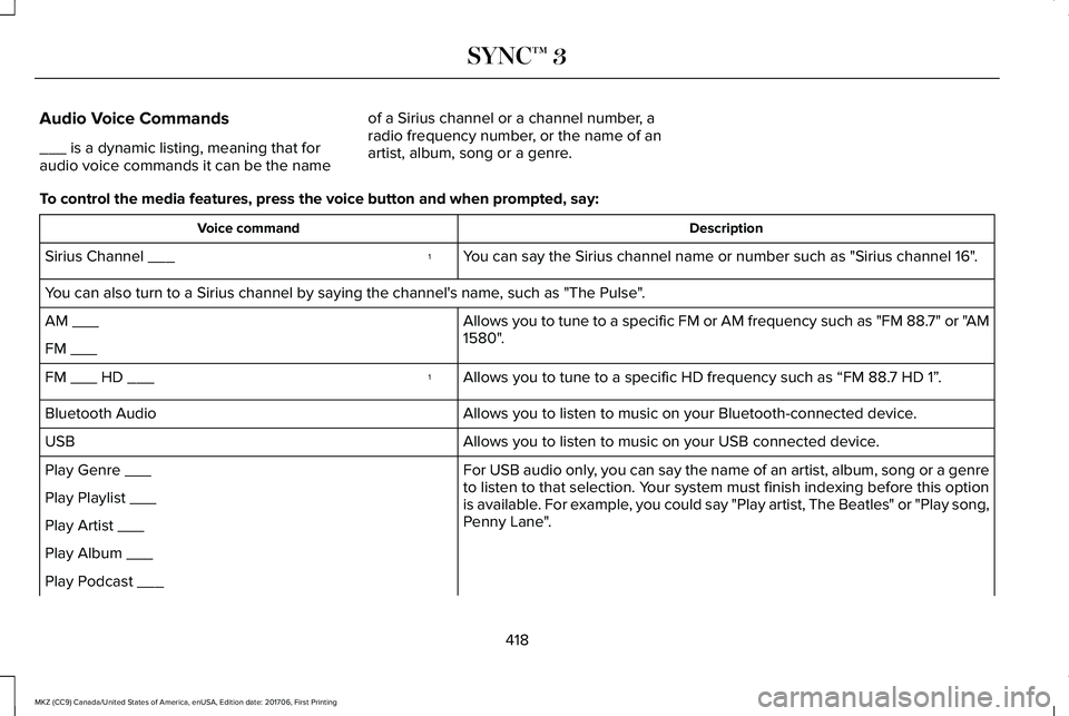 LINCOLN MKZ 2018 Owners Manual Audio Voice Commands
___ is a dynamic listing, meaning that foraudio voice commands it can be the name
of a Sirius channel or a channel number, aradio frequency number, or the name of anartist, album, LINCOLN MKZ 2018 Owners Manual Audio Voice Commands
___ is a dynamic listing, meaning that foraudio voice commands it can be the name
of a Sirius channel or a channel number, aradio frequency number, or the name of anartist, album,