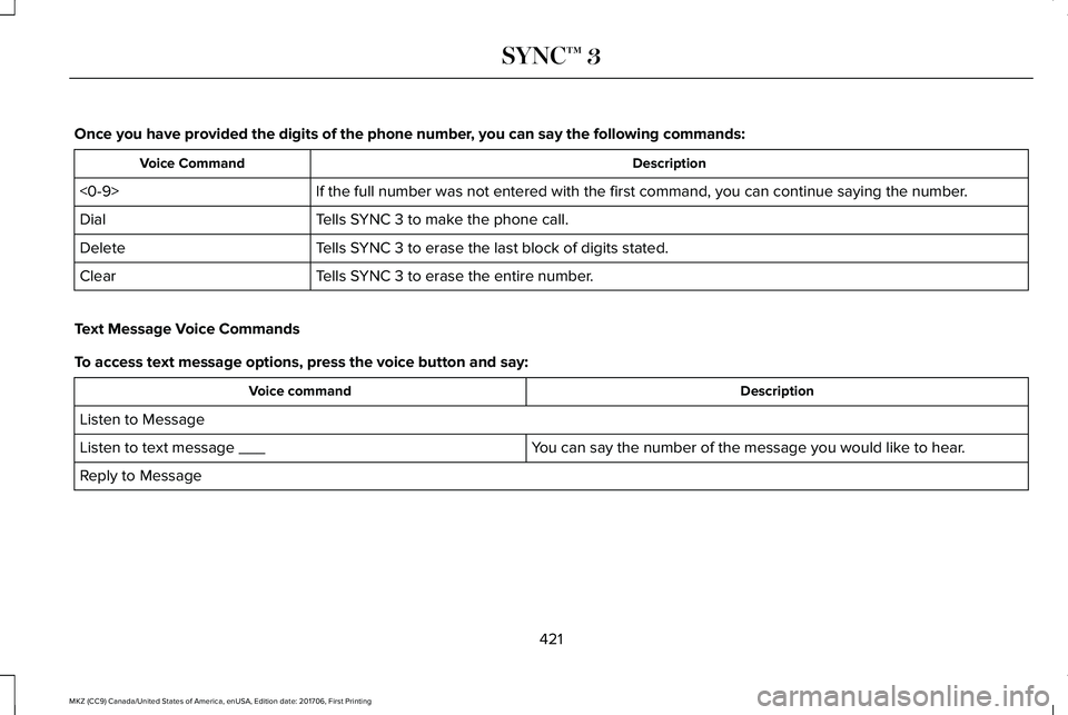 LINCOLN MKZ 2018 Owners Manual Once you have provided the digits of the phone number, you can say the following commands:
DescriptionVoice Command
If the full number was not entered with the first command, you can continue saying t LINCOLN MKZ 2018 Owners Manual Once you have provided the digits of the phone number, you can say the following commands:
DescriptionVoice Command
If the full number was not entered with the first command, you can continue saying t