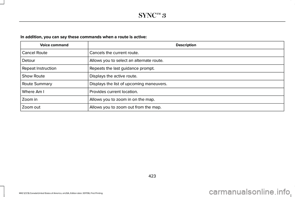 LINCOLN MKZ 2018 Owners Manual In addition, you can say these commands when a route is active:
DescriptionVoice command
Cancels the current route.Cancel Route
Allows you to select an alternate route.Detour
Repeats the last guidance LINCOLN MKZ 2018 Owners Manual In addition, you can say these commands when a route is active:
DescriptionVoice command
Cancels the current route.Cancel Route
Allows you to select an alternate route.Detour
Repeats the last guidance