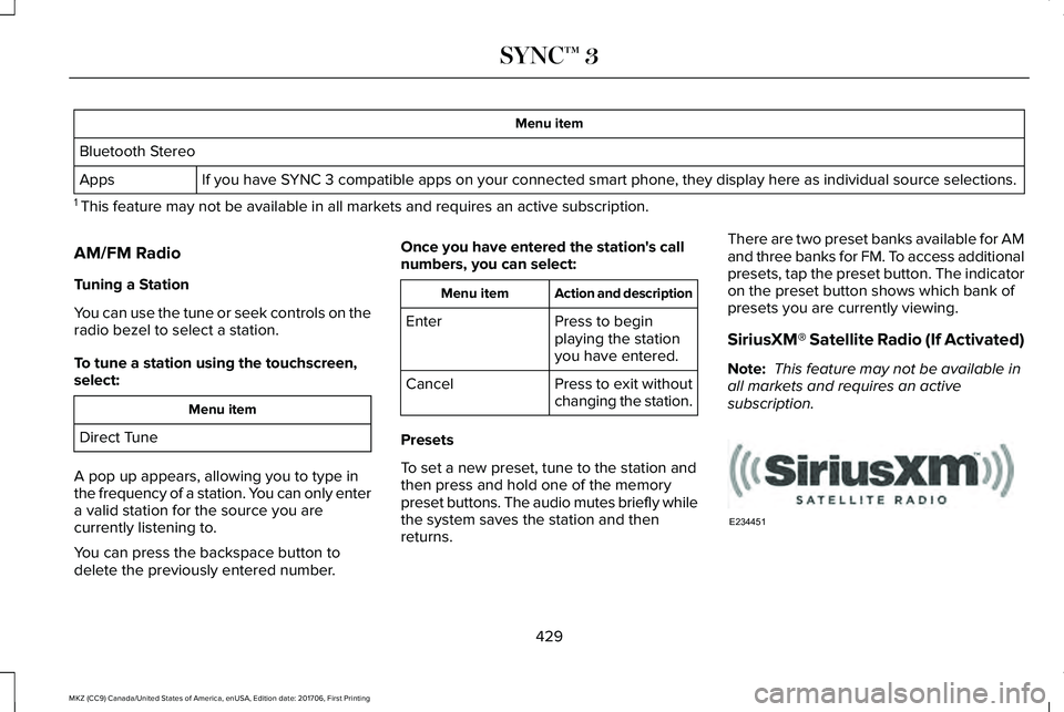 LINCOLN MKZ 2018  Owners Manual Menu item
Bluetooth Stereo
If you have SYNC 3 compatible apps on your connected smart phone, they display here as individual source selections.Apps
1 This feature may not be available in all markets a