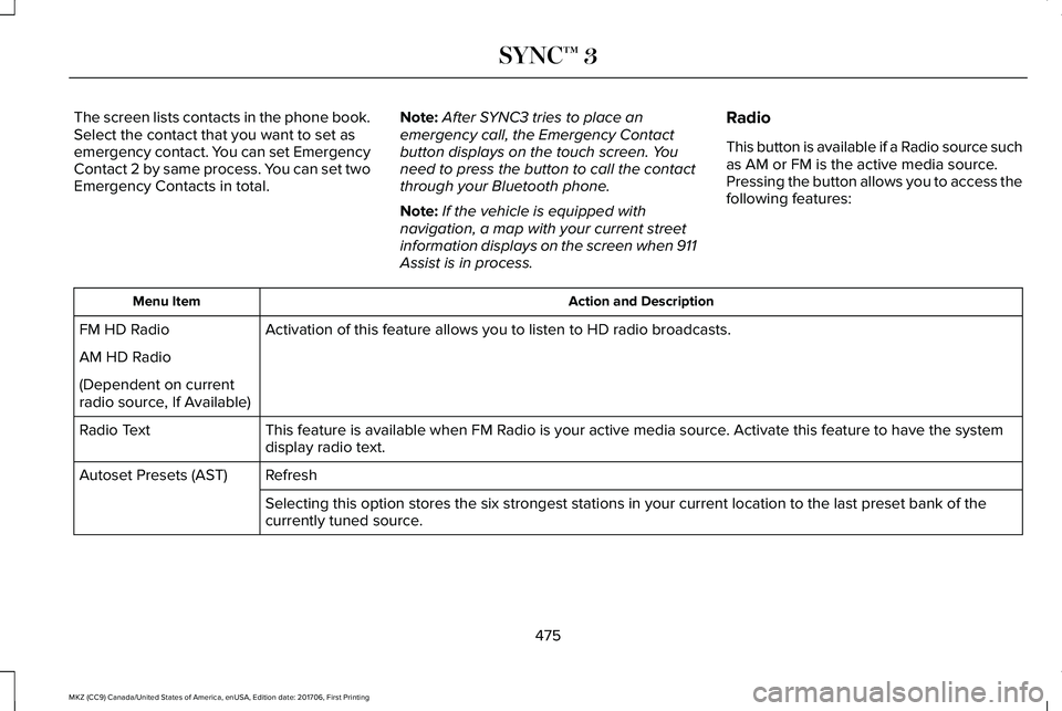 LINCOLN MKZ 2018 Owners Manual The screen lists contacts in the phone book.Select the contact that you want to set asemergency contact. You can set EmergencyContact 2 by same process. You can set twoEmergency Contacts in total.
Not LINCOLN MKZ 2018 Owners Manual The screen lists contacts in the phone book.Select the contact that you want to set asemergency contact. You can set EmergencyContact 2 by same process. You can set twoEmergency Contacts in total.
Not