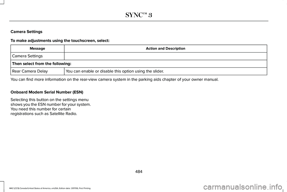 LINCOLN MKZ 2018 Owners Manual Camera Settings
To make adjustments using the touchscreen, select:
Action and DescriptionMessage
Camera Settings
Then select from the following:
You can enable or disable this option using the slider. LINCOLN MKZ 2018 Owners Manual Camera Settings
To make adjustments using the touchscreen, select:
Action and DescriptionMessage
Camera Settings
Then select from the following:
You can enable or disable this option using the slider.