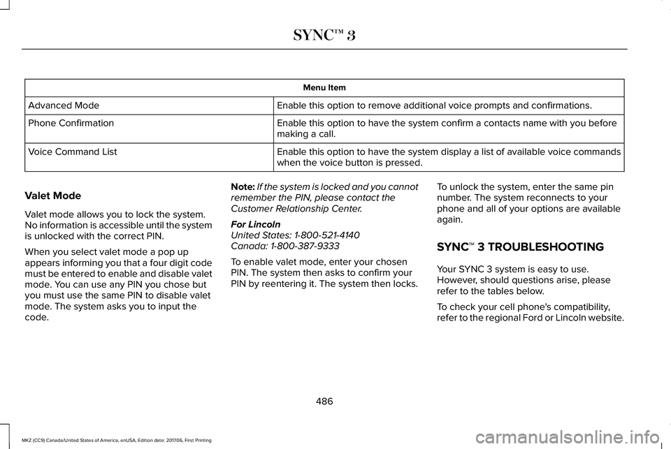 LINCOLN MKZ 2018 Owners Manual Menu Item
Enable this option to remove additional voice prompts and confirmations.Advanced Mode
Enable this option to have the system confirm a contacts name with you beforemaking a call.Phone Confirm LINCOLN MKZ 2018 Owners Manual Menu Item
Enable this option to remove additional voice prompts and confirmations.Advanced Mode
Enable this option to have the system confirm a contacts name with you beforemaking a call.Phone Confirm