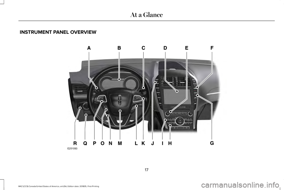 LINCOLN MKZ 2019 User Guide INSTRUMENT PANEL OVERVIEW
17
MKZ (CC9) Canada/United States of America, enUSA, Edition date: 201805, First-Printing
At a GlanceE251093 LINCOLN MKZ 2019 User Guide INSTRUMENT PANEL OVERVIEW
17
MKZ (CC9) Canada/United States of America, enUSA, Edition date: 201805, First-Printing
At a GlanceE251093
