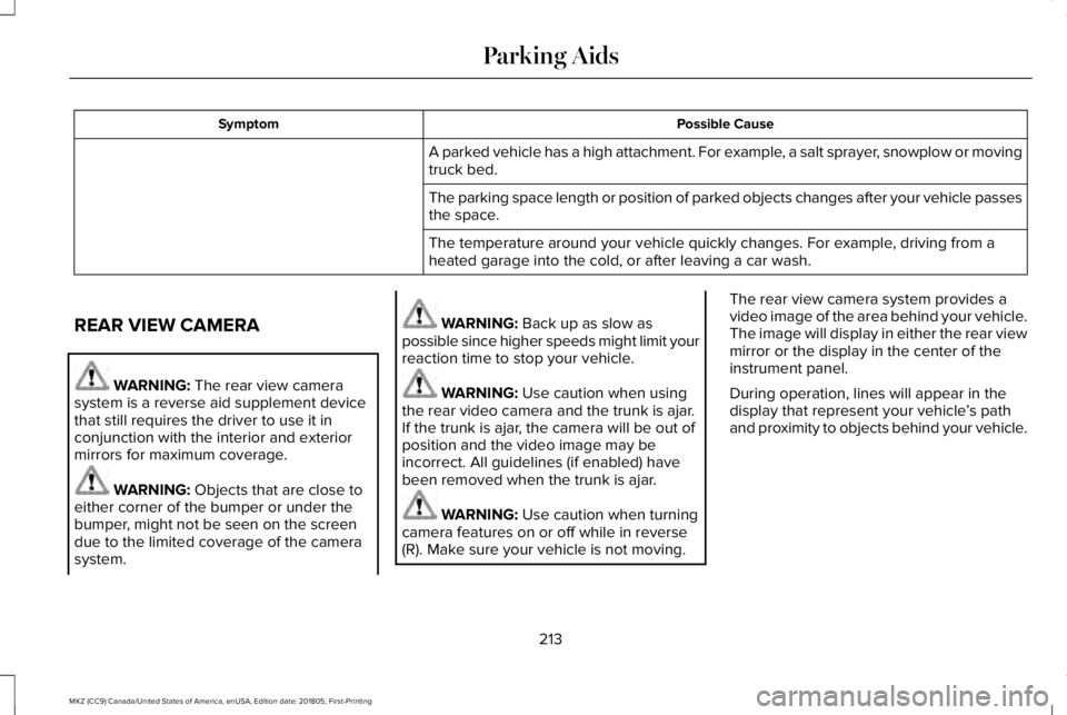 LINCOLN MKZ 2019  Owners Manual Possible CauseSymptom
A parked vehicle has a high attachment. For example, a salt sprayer, snowplow or movingtruck bed.
The parking space length or position of parked objects changes after your vehicl