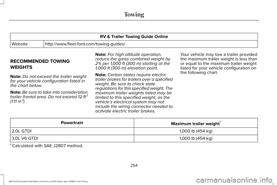 LINCOLN MKZ 2019  Owners Manual RV & Trailer Towing Guide Online
http://www.fleet.ford.com/towing-guides/Website
RECOMMENDED TOWING
WEIGHTS
Note:Do not exceed the trailer weightfor your vehicle configuration listed inthe chart below
